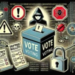 An illustration showing the dangers of electronic voting. A digital ballot box is surrounded by warning symbols, including exclamation marks and broken chains, symbolizing security vulnerabilities. In the background, a silhouette of a hacker looms over lines of code, representing the threat of cyber attacks and vote manipulation. To the side, traditional paper ballots with a padlock signify security and transparency, contrasting the risks of digital systems. The image emphasizes the security challenges associated with electronic voting.