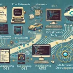 An illustration depicting the evolution of debugging in software development. The timeline begins with vintage computer screens representing print statements and manual code tracing, then transitions to a debugger interface symbolizing IDEs with breakpoints. It continues to cloud servers illustrating modern logging and monitoring tools, and ends with a futuristic AI hologram representing AI-powered debugging assistants. Flowing lines of code connect each stage, emphasizing the progression from traditional to advanced debugging methods.
