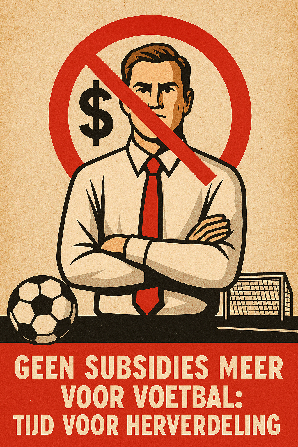 Een vintage-propaganda stijl illustratie van een vastberaden man met armen over elkaar voor een doorgehaald geldsymbool; op de achtergrond een voetbal, doel en rood banner met de tekst "GEEN SUBSIDIES MEER VOOR VOETBAL: TIJD VOOR HERVERDELING".